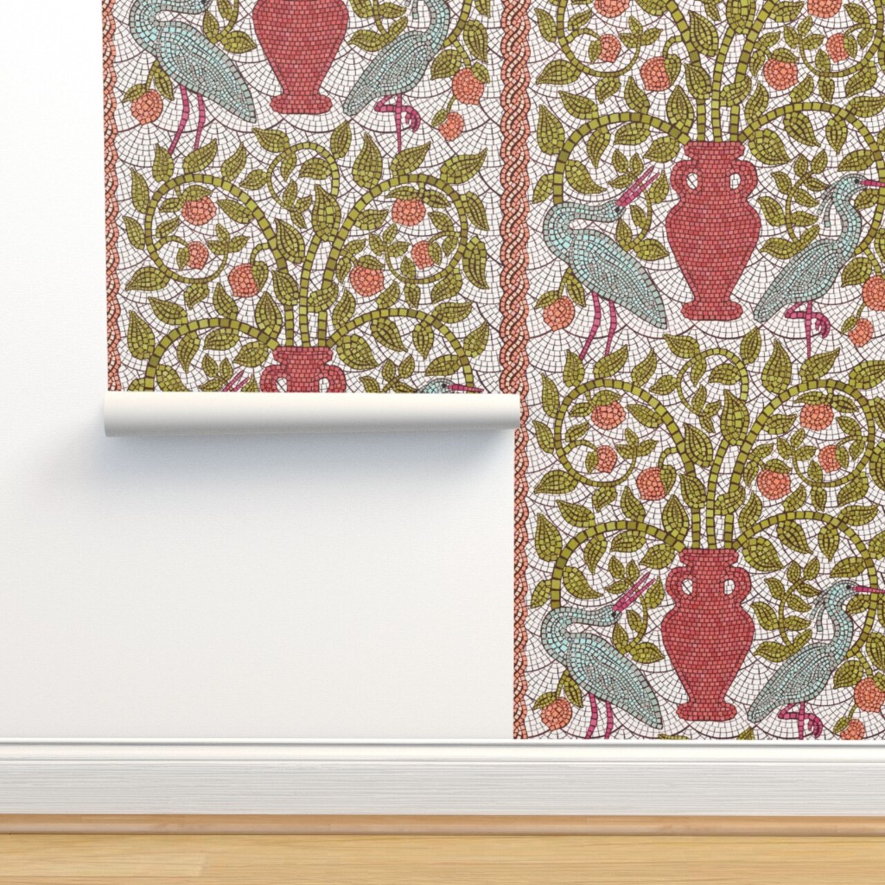 Birds Stone Fruit Art Deco Lemon Crane Heron Peaches Arts And Crafts Amphora Tree Faux Mosaic Large Scale Custom Removable Wallpaper by Spoonflower Peel & Stick Wallpaper 2FT Wide